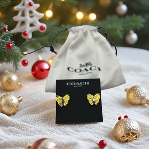 NWT Signed Coach Yellow & Gold Butterfly Stud Earrings ,Black Crystal